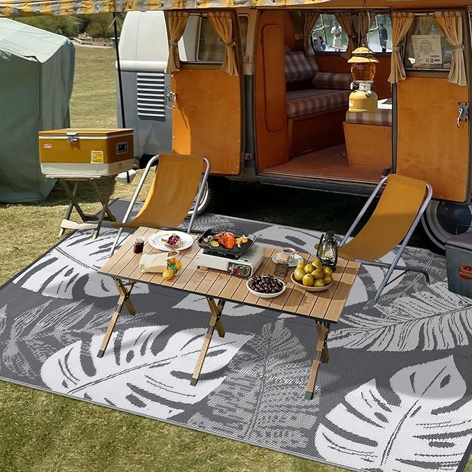 COZYLOOM Waterproog Outdoor Rug 10x14 Reversible Plastic Straw Rug for Patio, Reversible Foldable RV Camping Picnic Mat with Portable Bag & 4 Stakes, UV Resistant & Easy to Clean, Grey
