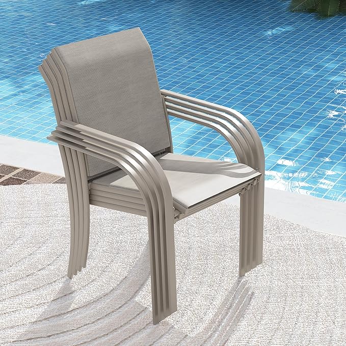 VICLLAX Patio Stackable Dining Chairs Set for 4, Outdoor Sling Chairs with Metal Frame for Front Porch Balcony Backyard Garden and Deck, Sandshell