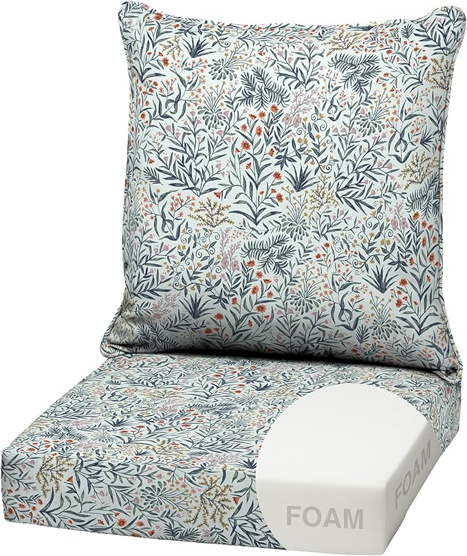 Arden Outdoor Foam Deep Seat Cushion Set, 22 in x 24 in, Weather-Proof, Rain-Proof, Fade Resistant Patio Cushion, Bottom and Back Cushion for Chair, Sofa, and Couch Pistachio Botanical