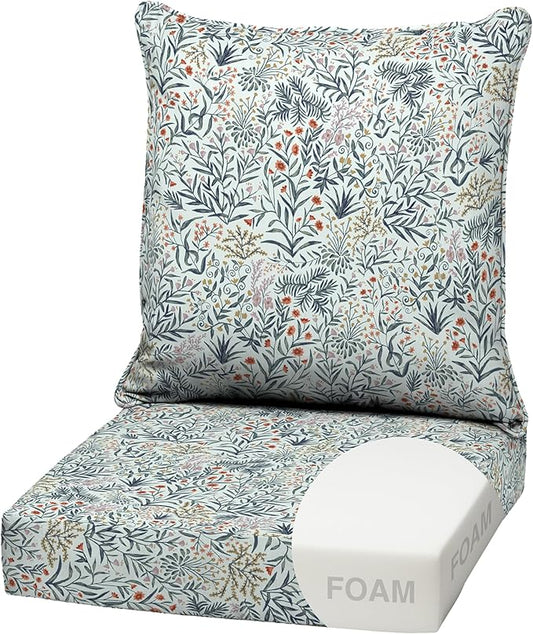 Arden Outdoor Foam Deep Seat Cushion Set, 22 in x 24 in, Weather-Proof, Rain-Proof, Fade Resistant Patio Cushion, Bottom and Back Cushion for Chair, Sofa, and Couch Pistachio Botanical