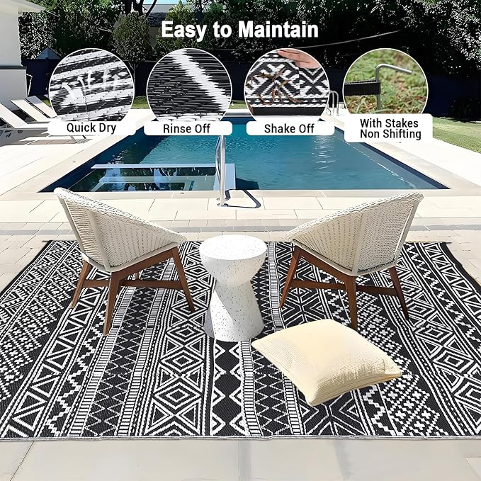 GarveeLife Outdoor Rugs 6x9 Waterproof Plastic Straw Rug, UV Resistant Rug Foldable Carpet Portable Lightweight Outdoor Mat for Backyard, Balcony, Garden, Camping, Black & White