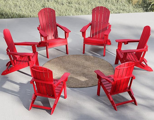 Plawdlik Folding Adirondack Chair Set of 6 with Cup Holder，Wooden Textured ，Heavy All-Weather HDPE Comfortable Set Poolside Backyard Lawn, Red