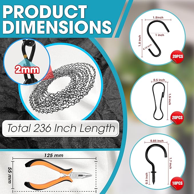 [Upgraded] 236” Black Electroplated Steel Hanging Chain with S-Hooks, Snap Hooks, Ceiling Hooks & Pliers, 33LBS Load Bearing, Adjustable Length for Hanging Bird Feeders, Planters, Lanterns, Billboards