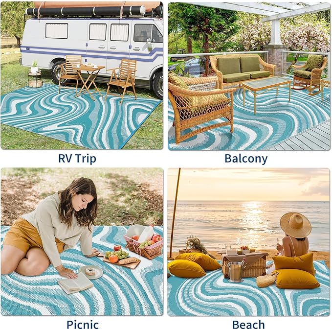 Outdoor Rug 8x10 Waterproof Patio Rugs Modern Abstarct Reversible Mat for Front Door Rv Foldable Plastic Straw Carpet for Travel Trailers, Porch, Camper, Balcony, Beach，Lake Green/Light Blue