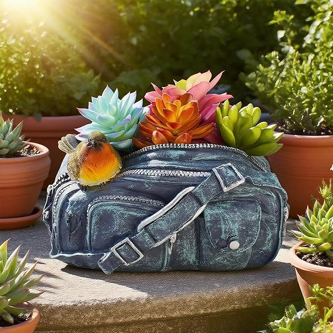 8.5"Denim Bag Bird Succulent Plant Pots,Resin Planter Flower Pots with Drainage Hole,Planting Pots for Cactus,Succulent Planters for Indoor Plants Home Garden Flower Pot Gifts for Plant Lovers