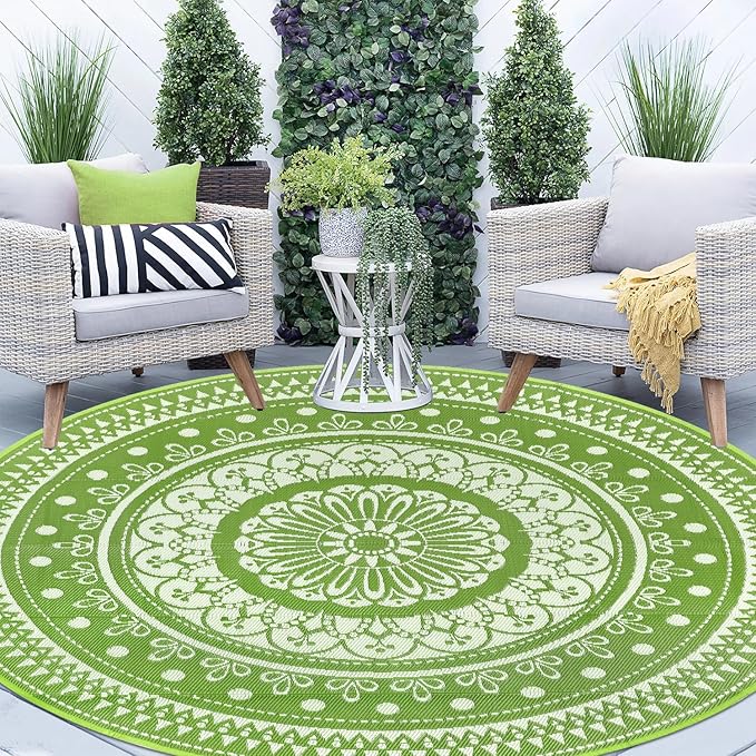 Cekene Round Outdoor Rugs Waterproof 8Ft Reversible Outdoor Patio Rugs Portable RV Camping Mats Lightweight Plastic Straw Rugs Outdoor Area Rug for Patio Picnic Beach BBQ, Black/Camel