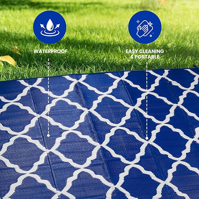 Utopia Home Waterproof Outdoor Rug for Patio 6 x 9 ft, Reversible Plastic Straw Mat for Camping, Picnics, Balcony, Patio, Diamond - Navy & White