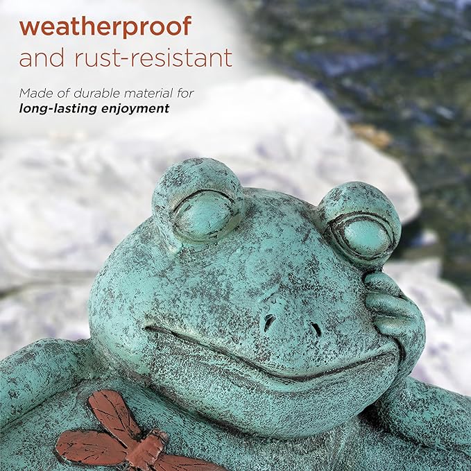 Alpine Corporation 7" Tall Indoor/Outdoor Sleeping Frog with Dragonfly Garden Statue Decoration