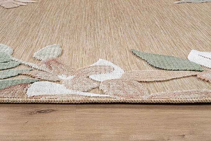 Outdoor Rug 5x7 Washable Area Rugs Indoor Outdoor Carpets Beige Border Floral Non Shedding Waterproof Easy Clean Patio Deck Porch Living Room Bedroom Garden RV (5 X 7 Beige)