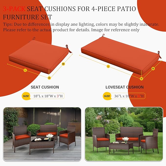 3 Pack Outdoor Replacement Cushions, Fit for 4-Seater Wicker Rattan Patio Conversation Set, 36x18x3,18x18x3, Liner & Cover