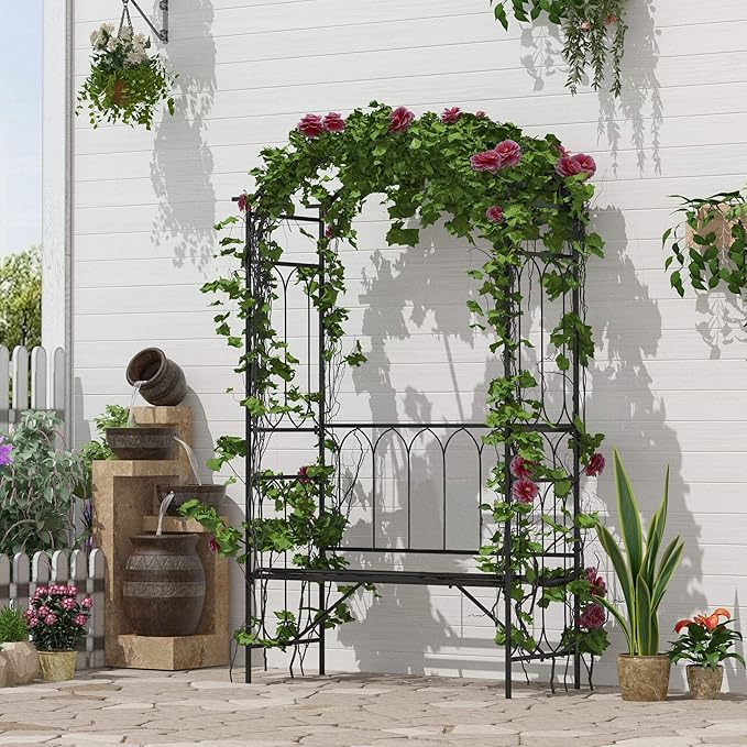 Outsunny Metal Trellis Arbor Arch for Climbing Plants with Garden Bench, Grow Grapes & Vines, Patio Decor & 2-Person Outdoor Steel Decorative Seating, 484 lbs. Weight Capacity, Black