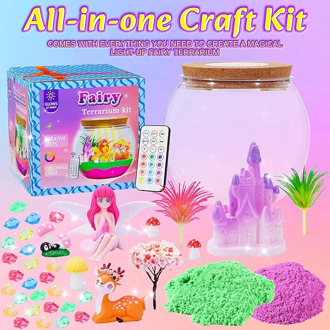 Gifmore Fairy Terrarium Kit for Kids with LED Night Light & Remote Control, Fairy Toys & Arts and Crafts Kit for Girls Ages 4-12, Creative Birthday Christmas Gifts for Children