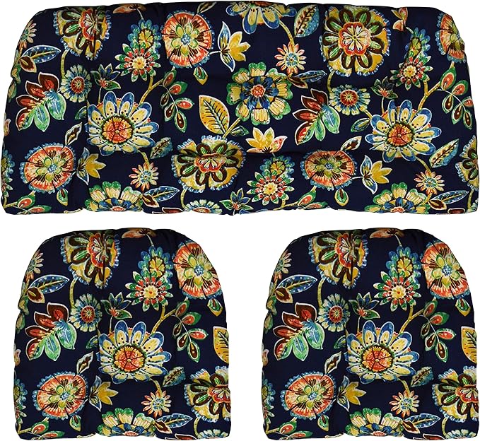 RSH DECOR: 3-Piece Wicker Tufted Cushion Set | for Large Wicker Sets | Outdoor Loveseat & U-Shaped Seat Cushions | Water & Fade-Resistant Spun Fabric | Daelyn Navy