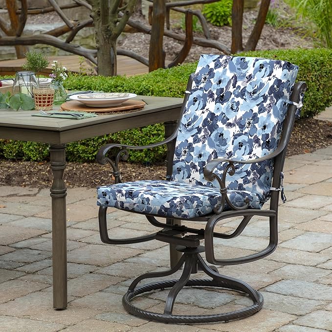 Arden Outdoor Midback Chair Cushion, 18 x 16.5, Rain-Proof, Fade Resistant Blue Garden Floral