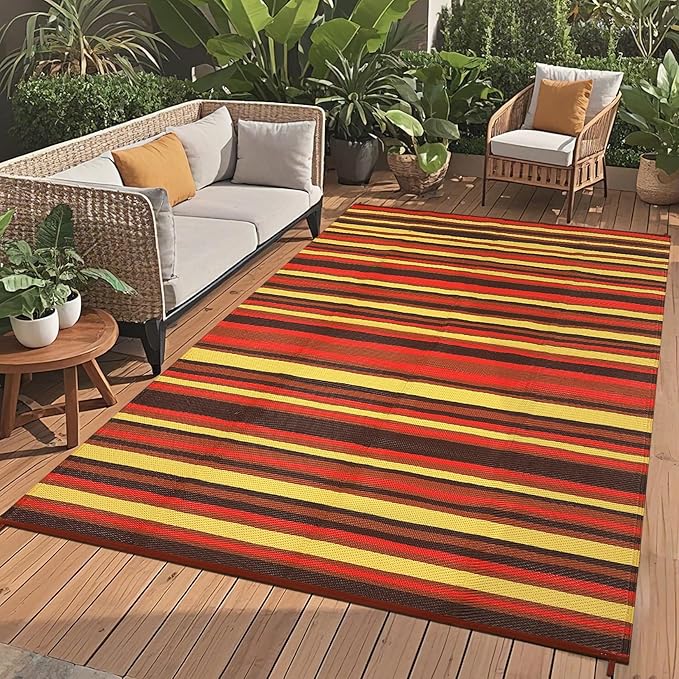 Outdoor Rug 8x10 Waterproof Patio Rugs Colorful Line Reversible Mat for Front Door Rv Foldable Plastic Straw Carpet for Travel Trailers, Deck, Picnic, Camper, Balcony, Beach，Orange/Red