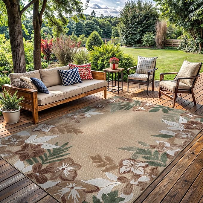 Outdoor Rug 6x9 Washable Area Rugs Indoor Outdoor Carpets Beige Border Floral Non Shedding Waterproof Easy Clean Patio Deck Porch Living Room Bedroom Garden RV (6 X 9 Beige)