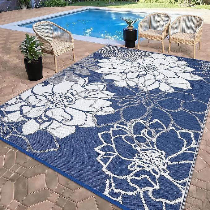 Waterproof Plastic Straw Rug 8x10 Reversible Outdoor Rug, Weather Resistant Outside Carpet, Portable RV Camping Mat with Carry Bag & Stakes for Patio Porch Garden Yard, Dark Blue