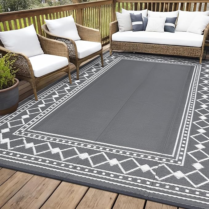 8x10 Outdoor Rug,Waterproof Geometric Plastic Straw Carpet,Easy Cleaning Folding Uv Resistant Picnic Camping Mat,Lightweight Outdoor Carpet,Grey/White