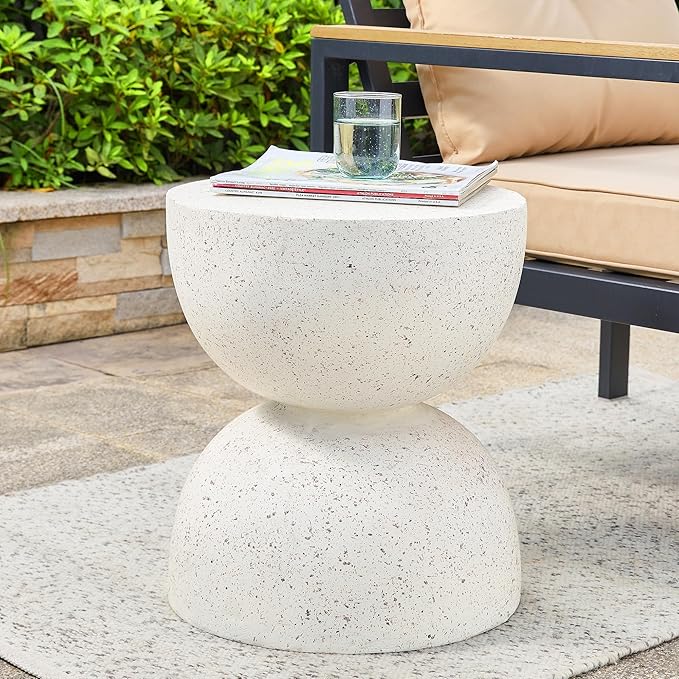 Glitzhome Outdoor Side Tables Set of 2, Heavy Duty Patio Sturdy Faux Terrazzo Decorative Garden Stool Planter Stand for Indoor Covered Outdoor, 17.75" H, White