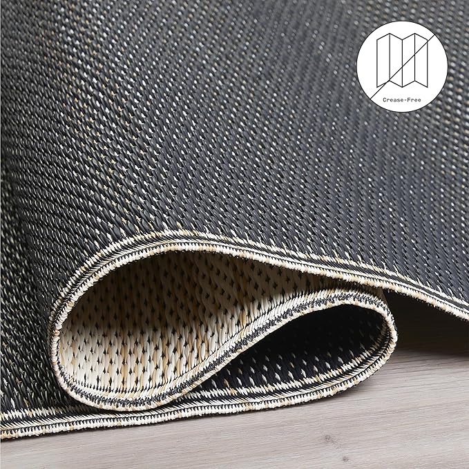 Fab Habitat Outdoor Rug - Waterproof, Fade Resistant, Crease-Free - Premium Recycled Plastic - Striped - Porch, Deck, Balcony, Mudroom, Laundry Room, Patio - Cancun Shadow - Sand & Black - 3 x 5 ft