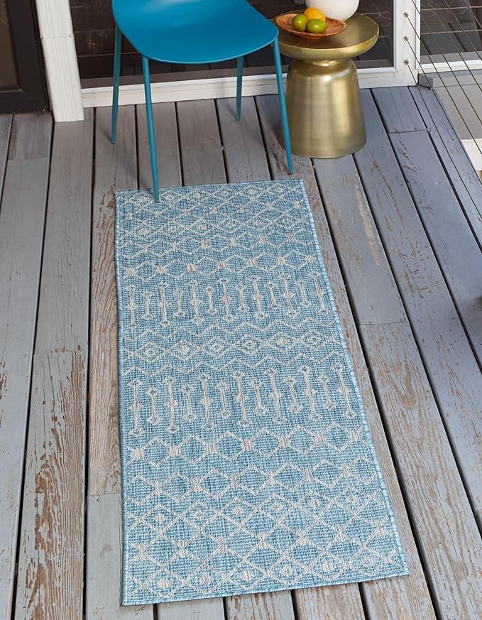 Unique Loom Outdoor Trellis Collection Area Rug - Tribal Trellis (2' x 8' Runner, Aqua/ Ivory)