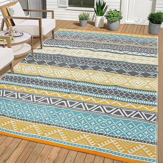 GarveeLife Outdoor Patio Rug 9x18 Waterproof Plastic Straw Rug, Reversible UV Resistant Foldable Camping Carpet Portable Outdoor Rug for Rv, Backyard, Teal & Yellow