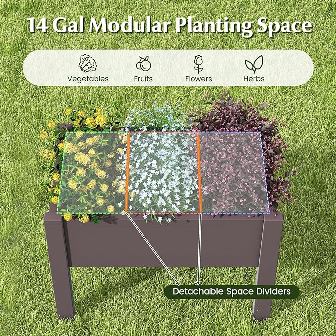 Giantex Raised Garden Bed with Legs, Self-Watering Planter Box with Water Level Indicator, Drainage Hole & Detachable Space Dividers, Outdoor Plant Container for Flower, Vegetable, Fruit, Herb (Brown)
