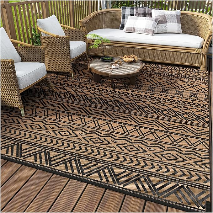 MontVoo-Outdoor Rug Carpet Waterproof 5x8 ft Reversible Patio Rug RV Camping Rugs Plastic Straw Outside Indoor Outdoor Area Rugs for Patio Deck Balcony Picnic Beach Outdoor Decor Boho Black Brown
