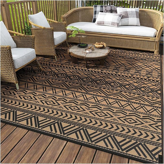 MontVoo-Outdoor Rug Carpet Waterproof 5x8 ft Reversible Patio Rug RV Camping Rugs Plastic Straw Outside Indoor Outdoor Area Rugs for Patio Deck Balcony Picnic Beach Outdoor Decor Boho Black Brown
