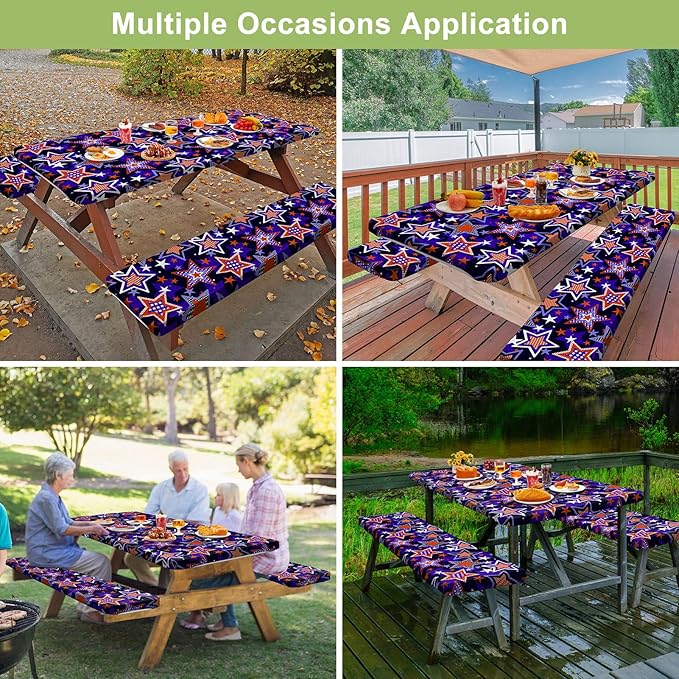 Picnic Table Cover with Bench Covers 6FT 3 Pcs Waterproof Windproof Aesthetic Camping Tablecloth with Drawstring Bag, Fitted for 6 Foot Rectangle Tables and Seats, 72 inch, Red Blue Stars