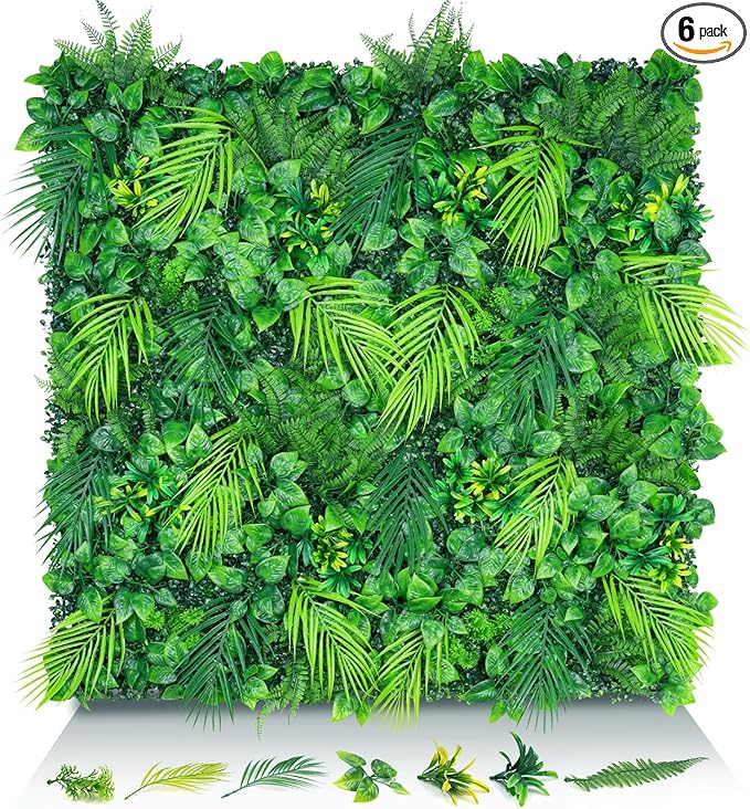 Artificial Plant Wall Panels, 20"x20" 6PCS Faux Grass Backdrop with UV Resistant Fern Leaves, Green Wall Decor for Outdoor Indoor Patio Garden Backyard