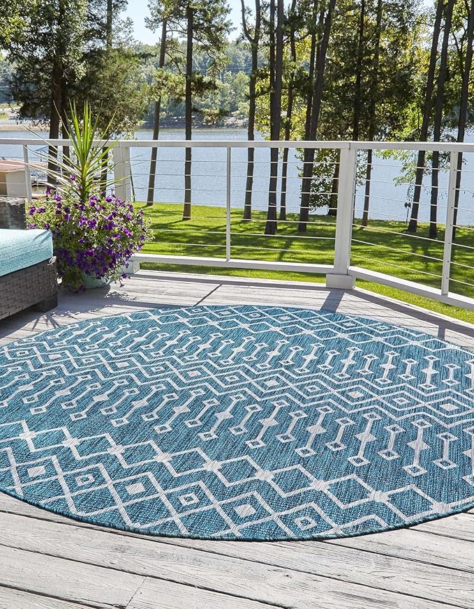 Unique Loom Outdoor Trellis Collection Area Rug - Tribal Trellis (6' 1" Round Teal/Ivory)