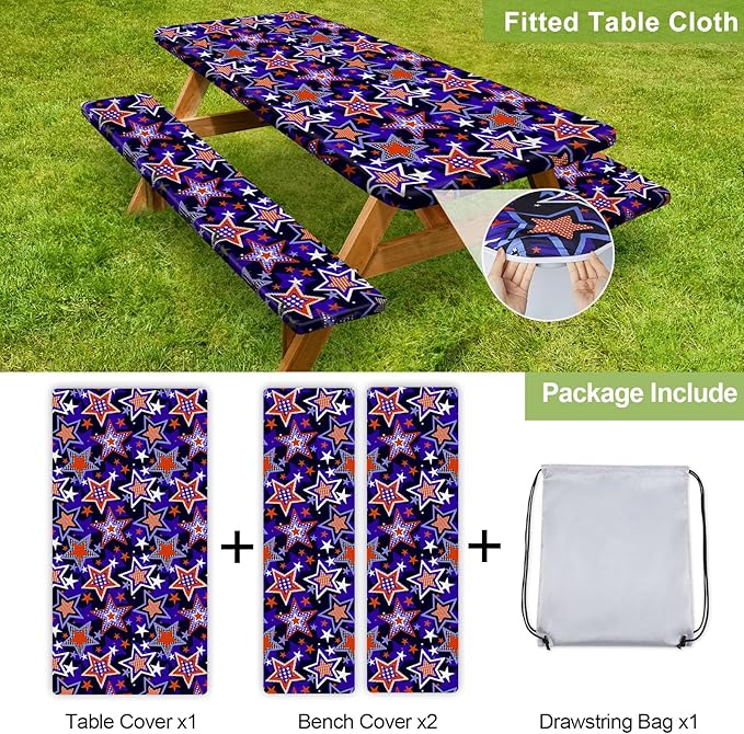 Picnic Table Cover with Bench Covers 6FT 3 Pcs Waterproof Windproof Aesthetic Camping Tablecloth with Drawstring Bag, Fitted for 6 Foot Rectangle Tables and Seats, 72 inch, Red Blue Stars