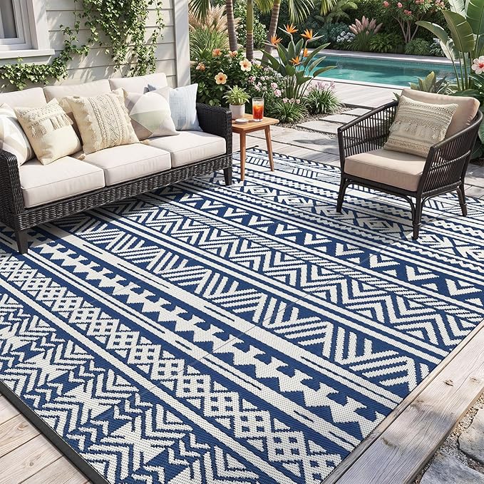 MontVoo Outdoor Rug 8x10 Waterproof Outdoor Patio Rug Mat Reverisble Plastic Straw Outdoor Rug for RV Camping Picnic Beach Balcony Boho Navy Blue