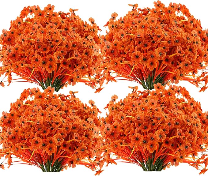 Artificial Mums Fall Fake Flowers for Outdoors, 12 Bundles Faux Mums for Outdoor Planters Autumn Decorations,UV Resistant Silk Flowers for Front Porch Garden Patio Home Decor(Sunset Orange-red)