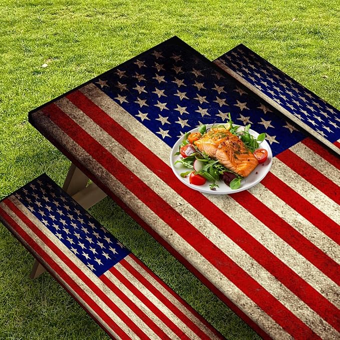 Picnic Table Cover with Bench Covers Elastic Edges, American Flag Fitted Table Cover, Outdoor Patio Camping Essentials 72 Inch 3PCS, Waterproof Camping Fitted Tablecloth with Drawstring Bag