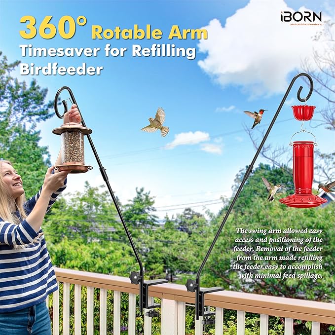 iBorn Deck Hook for Bird Feeder, Hummingbird Feeder Hanger for Deck Railing, Heavy Duty Deck Hanger for Outdoors Hanging, 360° Rotatable Arm, Solid Wire, 28 Inch, Pack of 1