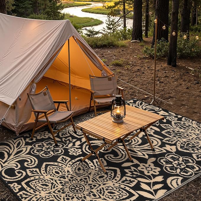 Findosom Waterproof Outdoor Rug 8' x 10' - Reversible Mandala Outdoor Plastic Straw Rug, Durable Foldable Patio Rug for RV, Deck, Balcony, Backyard, Picnic, Porch, Camping, Beach, Black