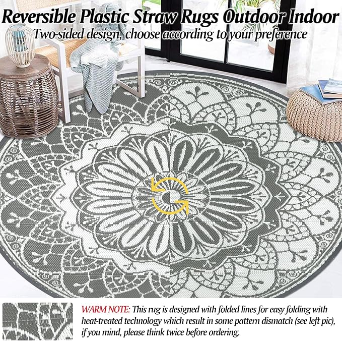 Cekene Round Outdoor Rugs for Patio 6Ft Waterproof Reversible Outdoor Patio Rugs Grey Lightweight Plastic Straw Rugs Portable RV Camping Mat Floor Carpet for Deck Porch Picnic BBQ