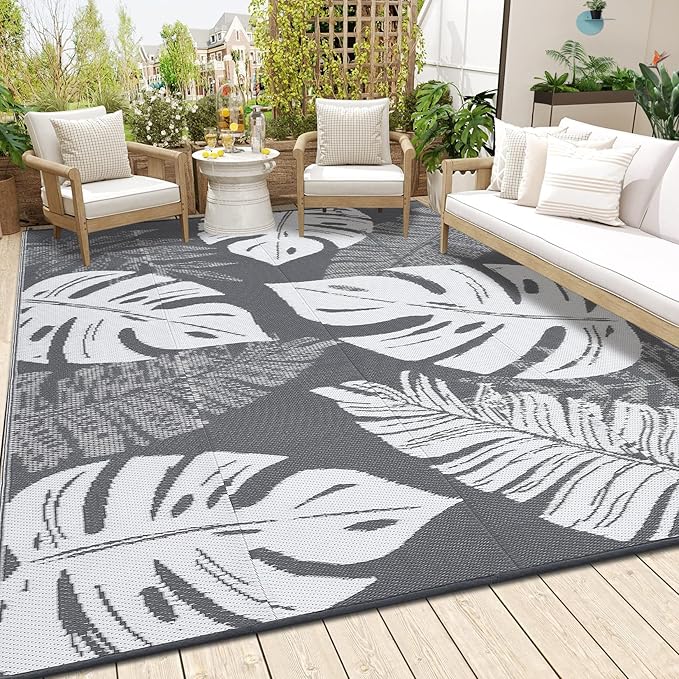 Patio Modern Leaf Print Outdoor Rug 10x14 Waterproof Large Reversible Camping Mat Foldable Lightweight Plastic Straw Outdoor Rug for Deck, Porch, Camper, Balcony, Beach, Rv，Grey/White