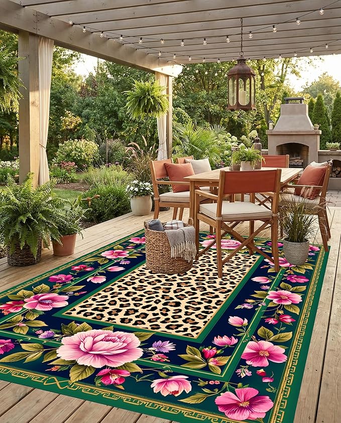 Vintage Floral Leopard Indoor Outdoor Rug 7x10 Gold Pink Green Non-Shedding Border Soft Living Room Bedroom Accent Rugs Waterproof Washable Outside Carpet for Patio Balcony Porch Deck Garden