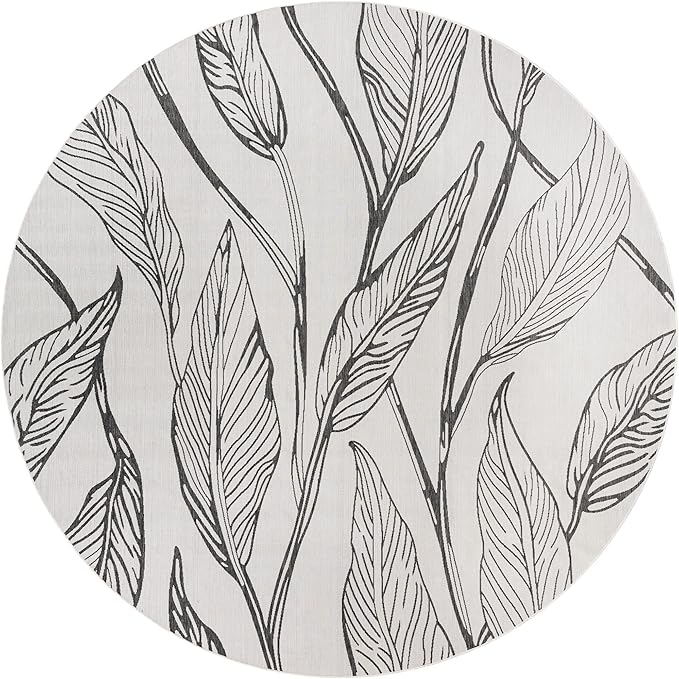 Unique Loom Outdoor Botanical Collection Area Rug - Leaf (13' Round, Charcoal Ivory)