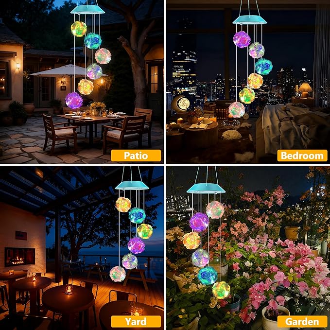 Solar Wind Chime,Color Changing Colorful Ball Wind Chimes, LED Decorative Mobile, Gifts for Mom Grandma,Waterproof Outdoor Solar Lights for Garden, Patio, Yard, Window, Outdoor Decorations