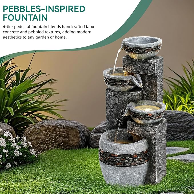 4-Tier 19.5" Indoor/Outdoor Fountain with LED Lights, Resin Pebble Tabletop Design,Soothing Cascading Waterfall for Garden/Patio/Deck/Home Decor