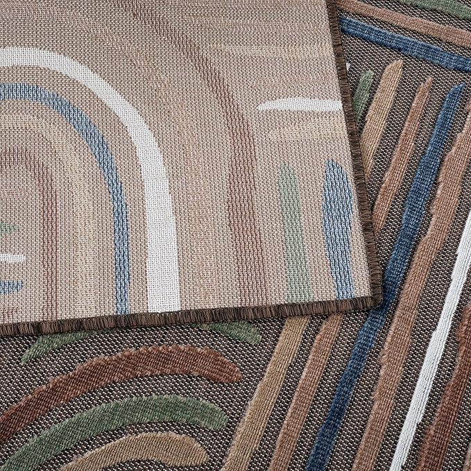 CAMILSON Indoor Outdoor Rug, Brown 8x10 Geometric Arch Striped Area Rugs for Patio and Home Areas, Easy-Cleaning Non-Shedding Living Room, Garden and Deck Washable Outside Carpet (8 x 10)