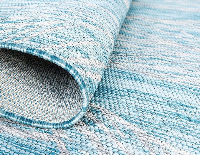 Unique Loom Outdoor Botanical Collection Area Rug - Leaf (2' x 6' 1" Runner, Light Aqua/ Ivory)