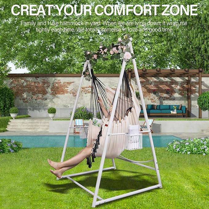 Hammock Chair Hanging Rope Swing & Stand Set with Two Holders, Heavy Duty Hanging Stand with Three Hooks, Multi-Use for Indoor Outdoor Patio Yard Garden(White & Khaki)