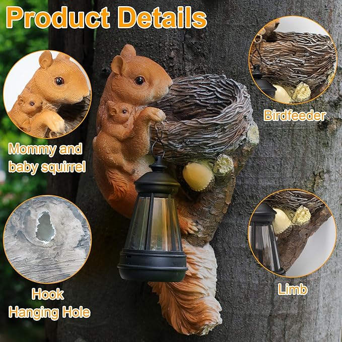 Squirrel Tree Hugger Garden Outdoor Statue Decor with Solar Powered Lantern for Outside Porch Patio Wall Tree Fence, Squirrel Figurine Birthday Gifts for Mom