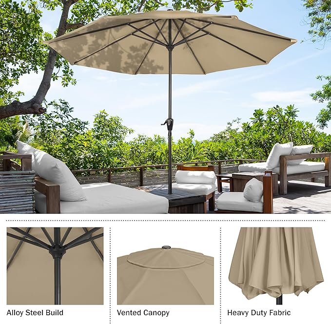 Patio Umbrella with Vented Canopy - 9FT Easy Crank Outdoor Umbrella for Shade - For Deck, Balcony, Porch, Backyard, or Pool by Pure Garden (Sand)