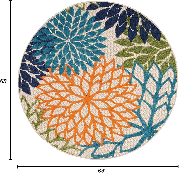 Nourison Home Aloha Indoor/Outdoor Multicolor 5'3'' x Round Area--Rug, Tropical, Botanical, Easy--Cleaning, Non Shedding, Bed Room, Living Room, Dining Room, Deck, Backyard, Patio (5 Round)